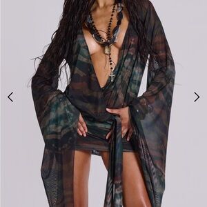 Jaded London Aria Mesh Plunge Mini Dress in Labyrinth Size 2